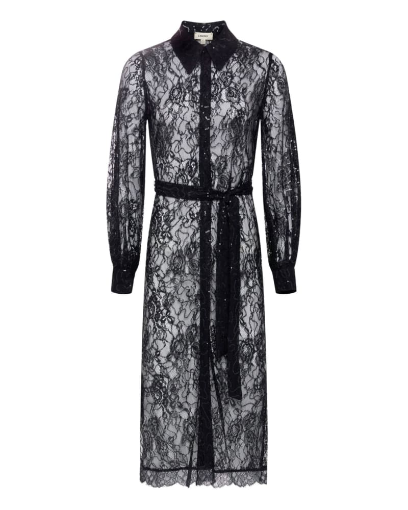 Front of a model wearing a size L Frida Button Down Lace Dress In Black in Black by L'Agence. | dia_product_style_image_id:346422